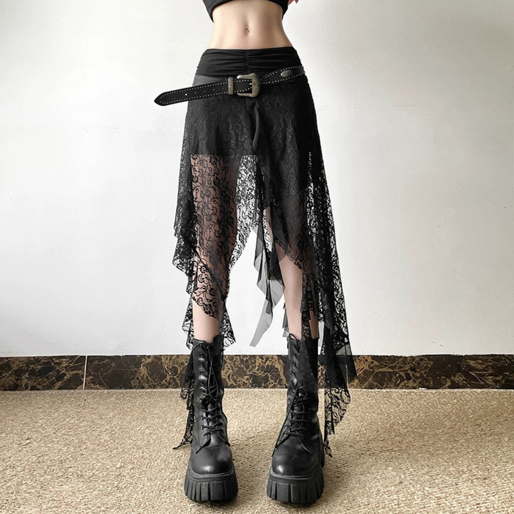 Zara Spring Black Bodycon Sheer Lace Patchwork Asymmetric Skirt